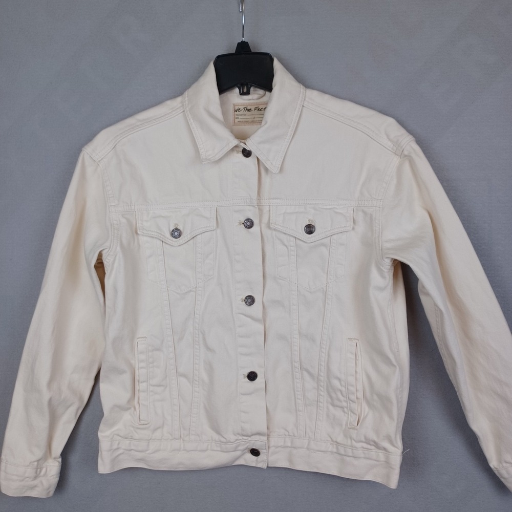Free People Rumors Denim Trucker Jacket Womens Large Ivory White Cream Boho